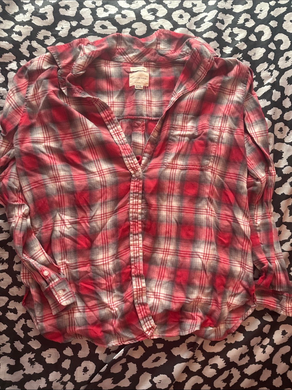 American Eagle Outfitters Red and Gray Plaid Button-Up Blouse